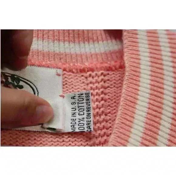 Vintage Sweater Size Medium 100% Cotton Pink Varsity Knit Preppy 80s 90s - Picture 7 of 10
